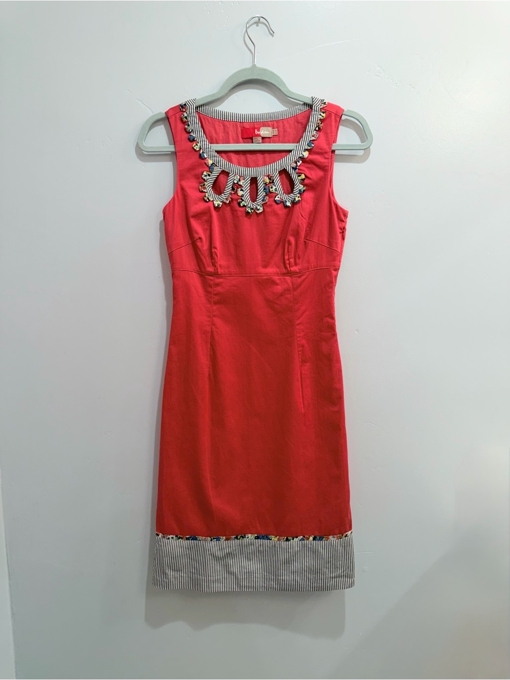 Boden Coral Pink Cotton Shift Dress with Cutout Neckline Striped Floral Trim 2 - Picture 3 of 16